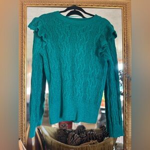 Crown & Ivy Teal Ruffle Cable Knit Sweater